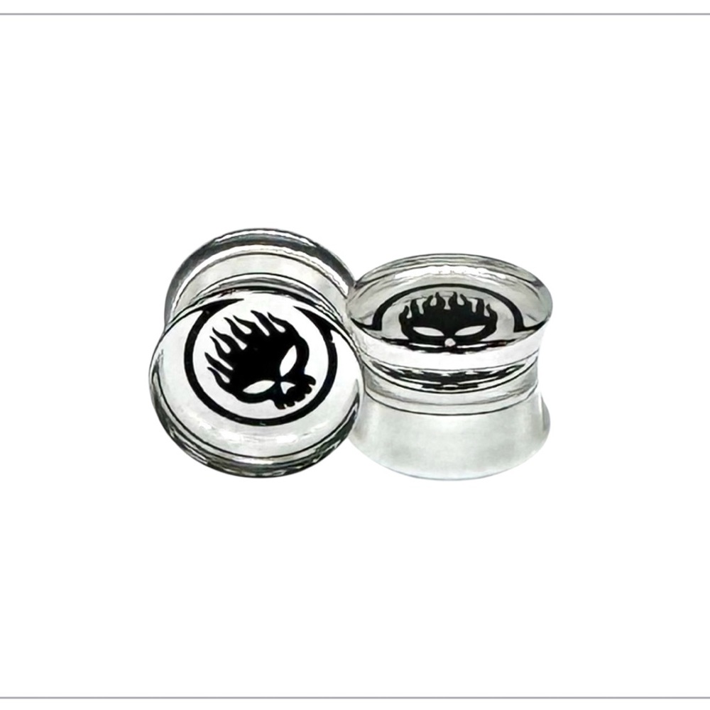 Pair 9/16 Double Flared Flaming Skull Clear Acrylic Plugs -Body Piercing Jewelry